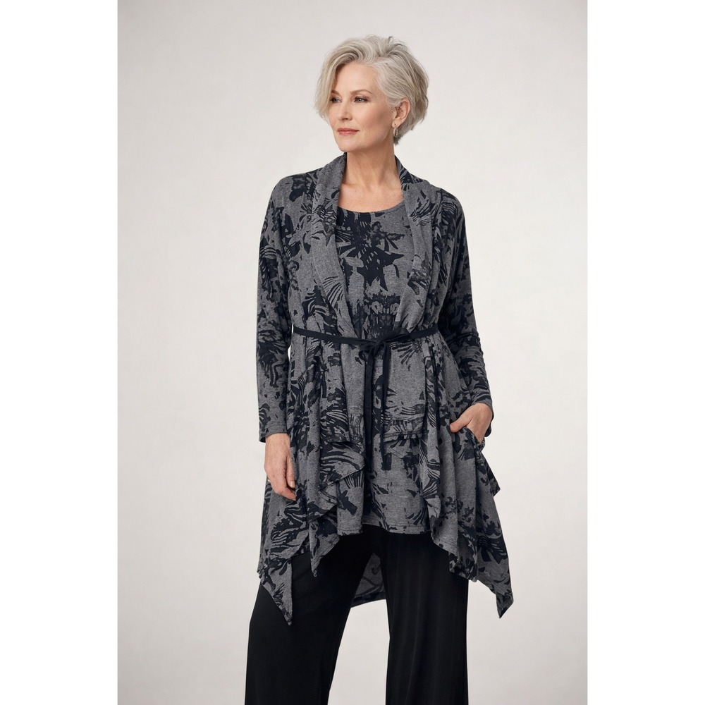 Bryn Walker Jersey Knit Wrap Cardigan & Tunic Set Sz S Gray Black Abstract